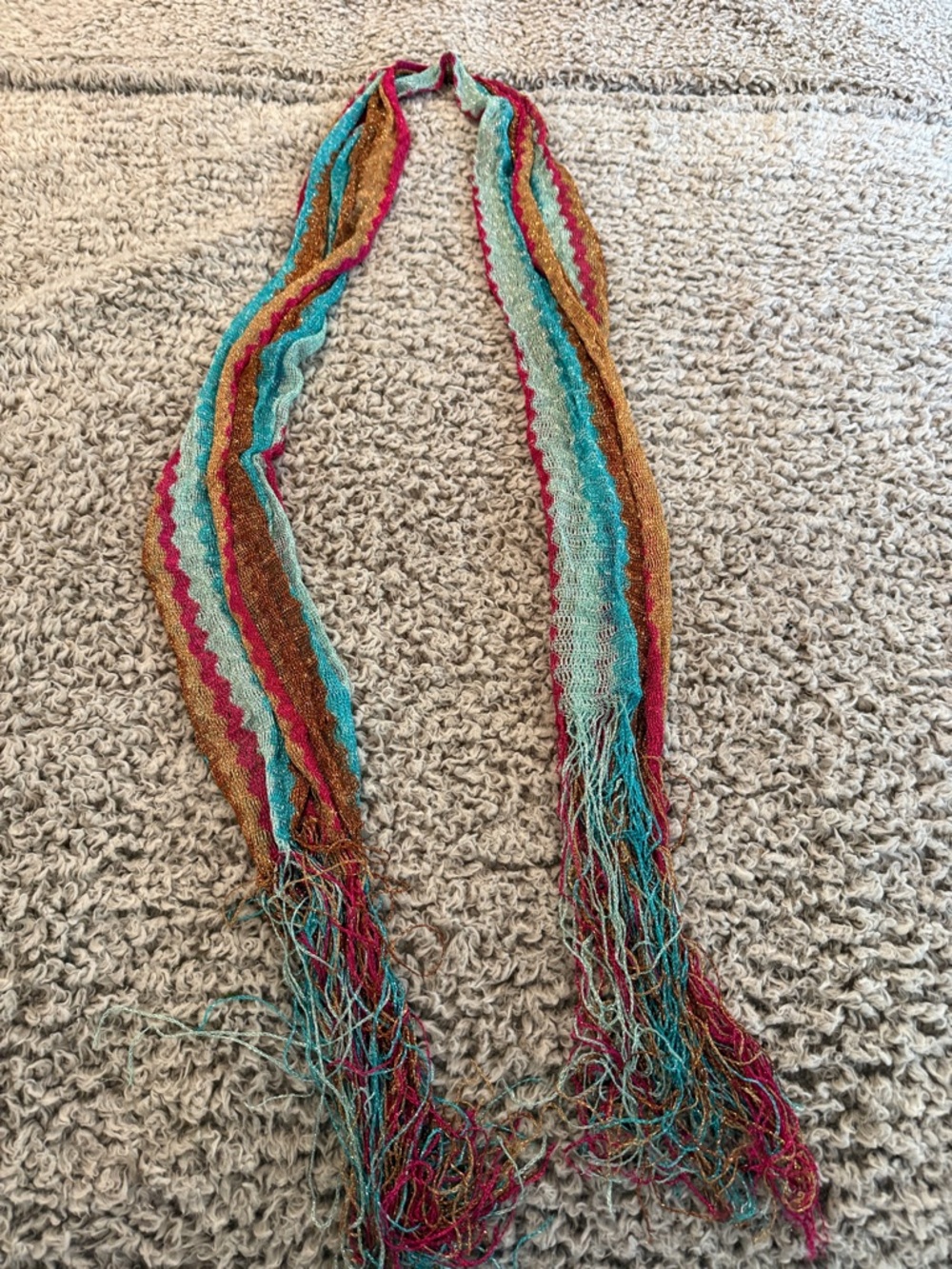 Multicolor Fringe Knit Scarf - Turquoise, Pink & Gold
